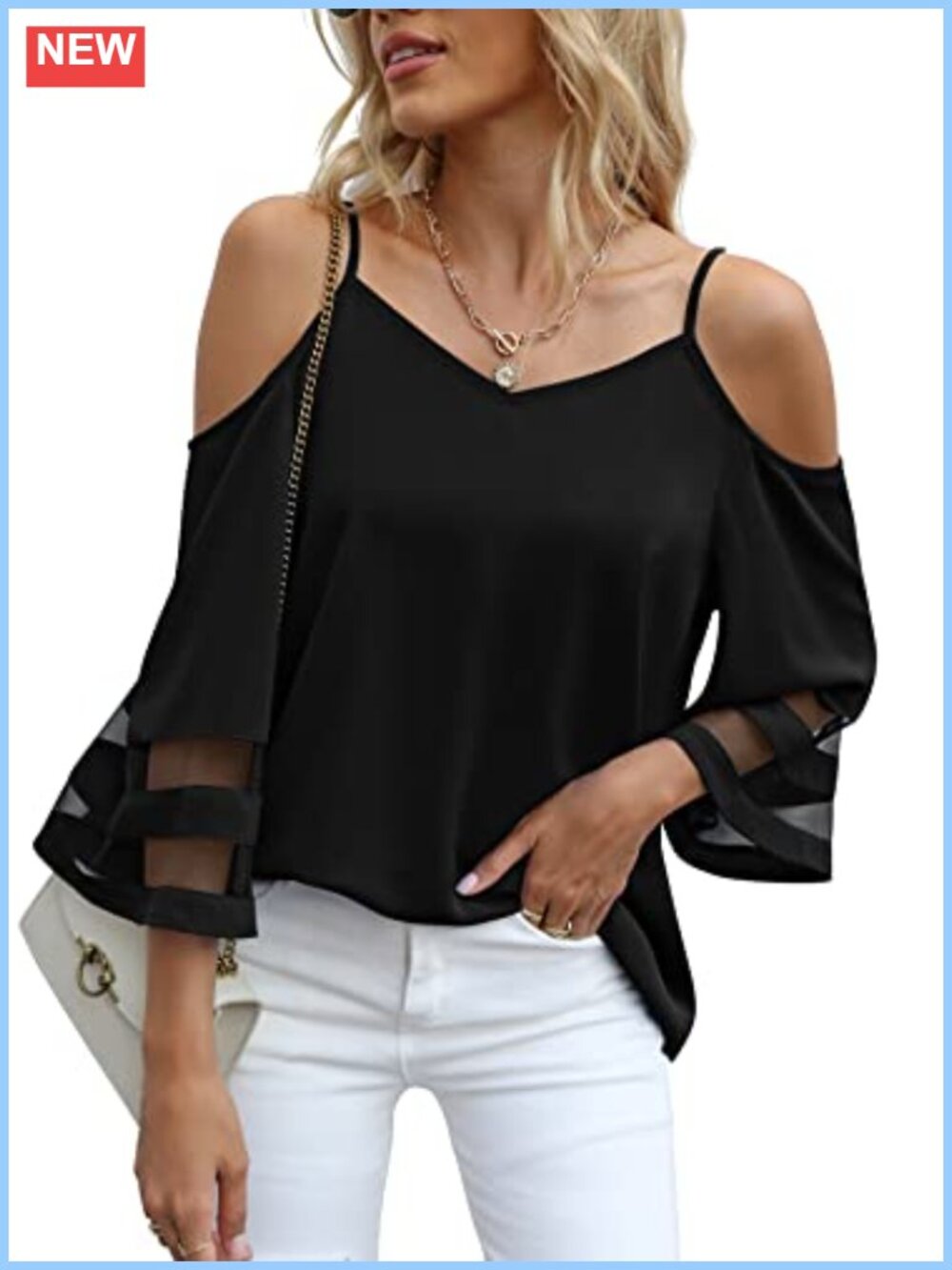 Cold Shoulder Mesh Panel 3/4 Bell Sleeve V Neck Blouse